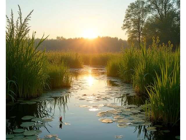 Lush, restored wetland habitat teeming with emergent vegetation, signifying successful habitat restoration and ecological balance.