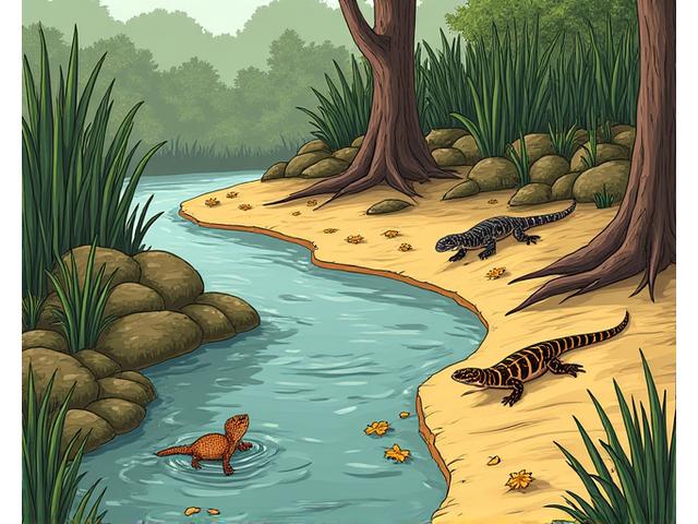 Illustration showing various Canadian reptiles (e.g., snake, turtle, lizard) in their respective preferred wetland, forest, and dry grassland habitats, demonstrating habitat association.