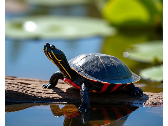 A brightly coloured Painted Turtle basking on a log, showcasing its vibrant red and yellow markings on its shell and neck.