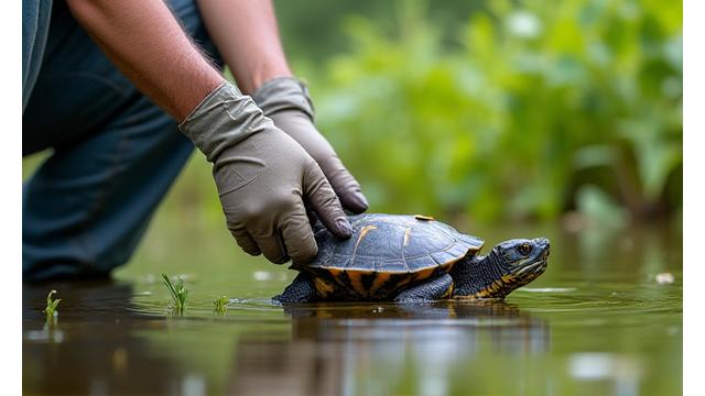 A conservation biologist gently releasing a tagged Blanding's Turtle into a pristine wetland, symbolizing successful recovery efforts and habitat restoration.