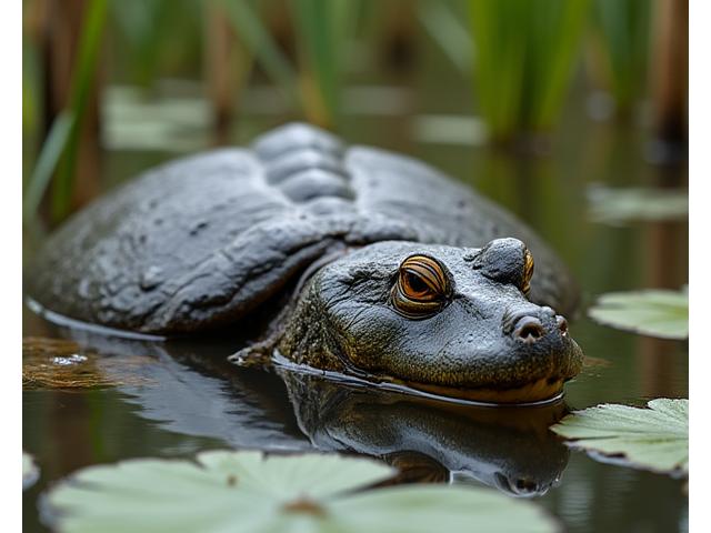 A large Snapping Turtle partially submerged in murky water, with its head and ancient shell visible.