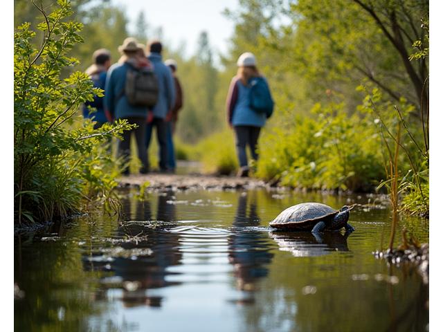 A group of people on a Terra Nova Scales guided eco-tour, looking intently at a wetland area where a Blanding's Turtle is subtly visible, with a guide pointing.