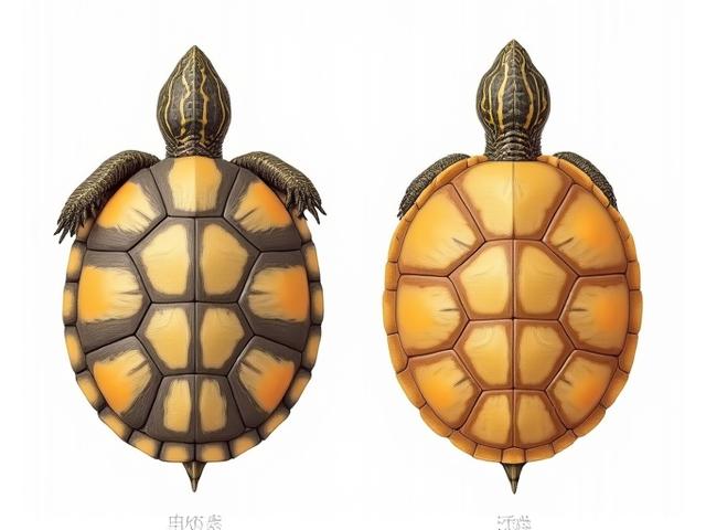 A detailed side-by-side comparison illustrating key distinguishing features between a Painted Turtle and a Blanding's Turtle, highlighting shell patterns and jaw structures.
