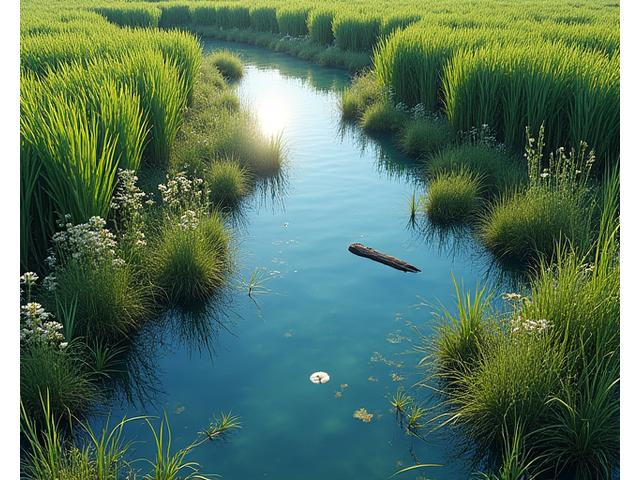 Thriving restored wetland with native plants and clear water