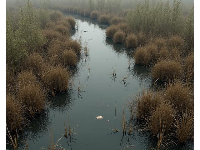 Degraded wetland before restoration with overgrown invasive species