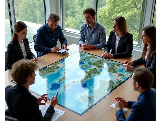 Team gathered around a large map, discussing strategies for conservation, representing strategic thinking and consensus building.