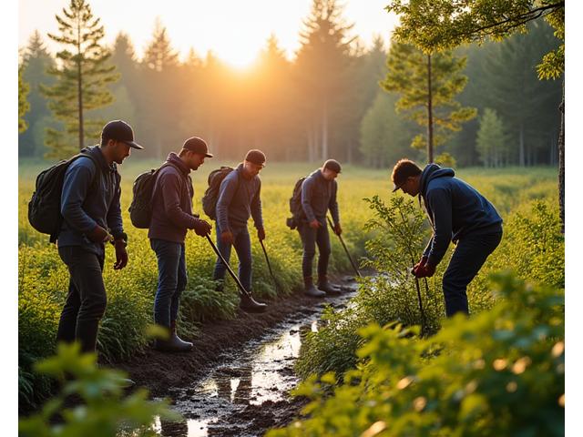 Group of people working together to plant native trees and restore a wetland habitat, fostering collaboration.