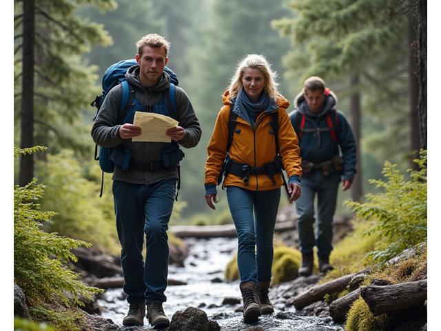Group navigating through a dense forest using compasses and maps, emphasizing trust and mutual support.