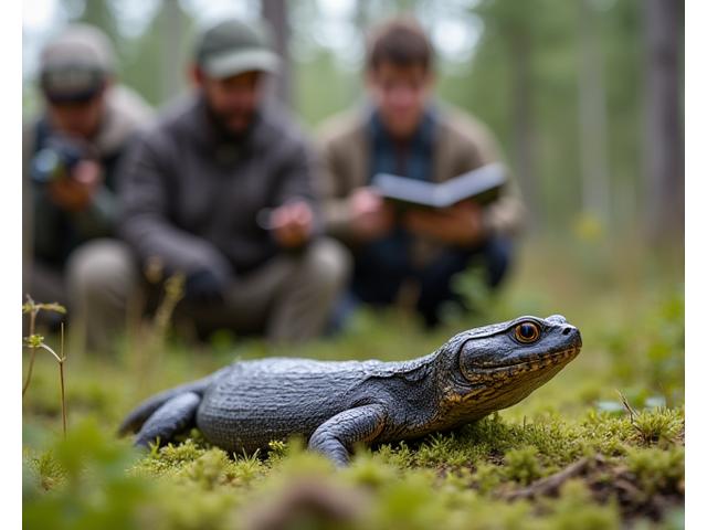 Small team observing a reptile in its natural habitat, using field guides and cameras, highlighting communication and observation skills.
