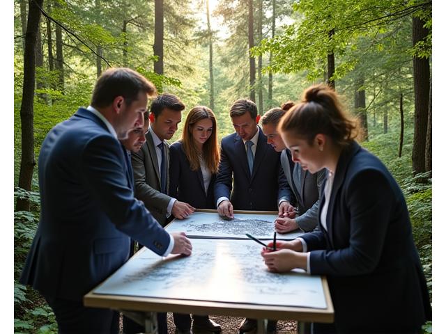 Team of professionals collaborating around a map in a lush forest, demonstrating team-building in nature.