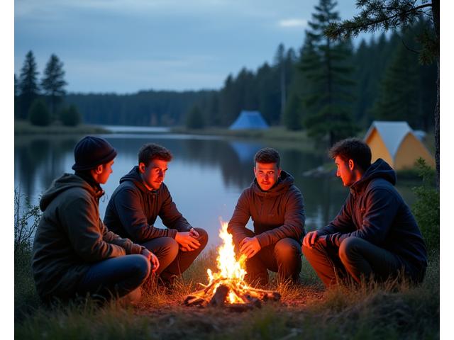 Group of participants setting up tents beside a lake during a multi-day conservation camping trip, with a campfire glowing in the distance.