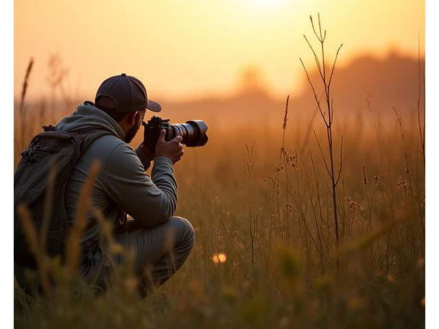 Serious wildlife photographer with long lens crouched in tall grass, focusing on a camouflaged reptile during an intensive field expedition.