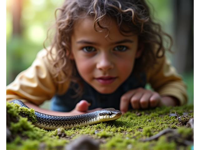 Child and parent carefully observing a small garter snake under the guidance of an expert in a sun-dappled forest.