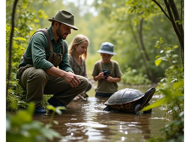 Expert guide and family observing a turtle in a natural Ontario wetland habitat through binoculars, surrounded by lush greenery.