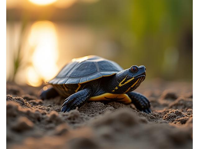 Close-up of a Blanding's turtle carefully digging a nest in sand near water, illuminated by soft dusk light.