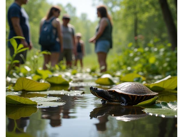 Group observing a turtle in its natural habitat during a guided eco-tour