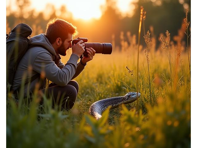 Wildlife photographer with camera lens focused on a snake during an expedition