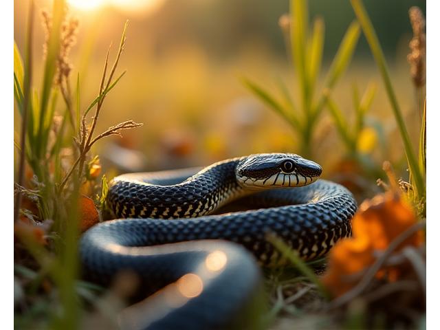 A rare Eastern Massasauga Rattlesnake camouflaged in tall grass