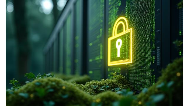 Abstract representation of secure data collection, showing data flowing into a protected server icon with lock in a natural, green-tinged environment.