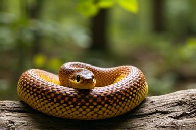 Eastern Foxsnake coiled on a log in a sunny forest