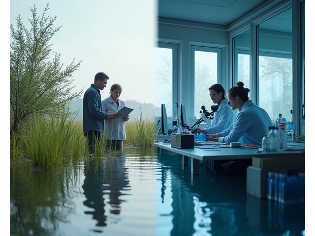 Researchers collaborating in a field and lab setting with scientific equipment