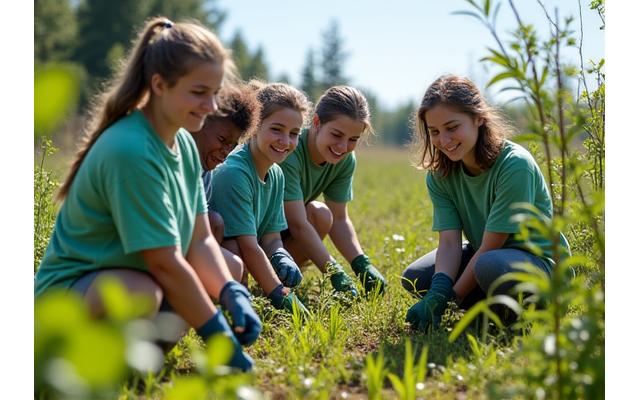 A diverse group of community volunteers engaged in a habitat clean-up and restoration project, removing invasive species.