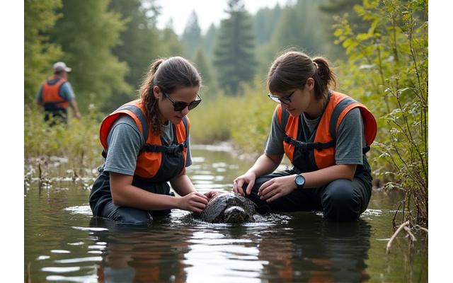 Researchers demonstrating mark-recapture field survey techniques for turtles in a wetland habitat.