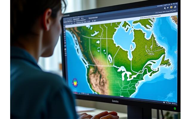 A conservationist meticulously analyzing GIS mapping data on a computer screen, showing habitat connectivity for reptiles.