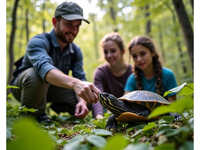 Students actively engaged in reptile field training, carefully examining a turtle in its natural habitat, overseen by an expert instructor.