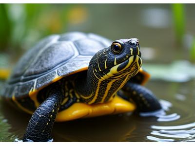 Blanding's Turtle, a semi-aquatic turtle with a domed shell and yellow throat, in clear water.