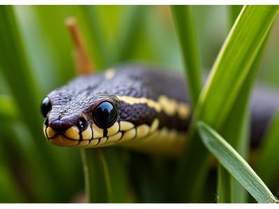 Butler's Gartersnake, a small, dark snake with three pale stripes down its back, camouflaged in tall grass.