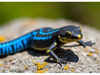 Juvenile Five-lined Skink with a bright blue tail and five yellow stripes on a dark body, on a rock.