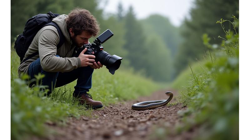 A photographer with a large flash lens positioned too close to a shy snake, illustrating common harmful practices.