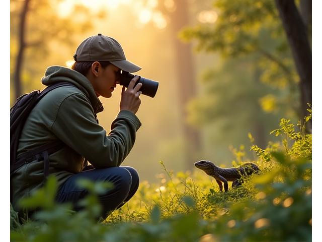 A scientist calmly observing a reptile in its natural habitat, emphasizing ethical and non-invasive research methods.