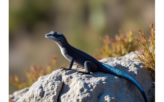 A Five-lined Skink perched on a rocky outcrop, attentive to its surroundings, highlighting its territorial nature.
