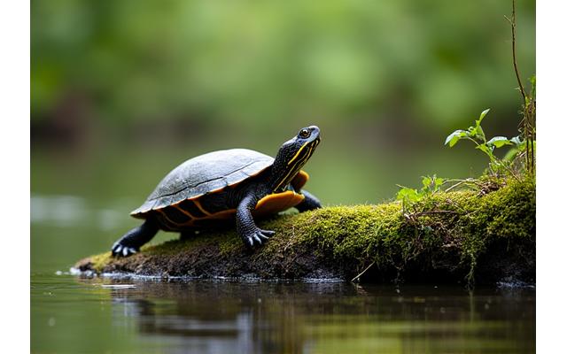A Blanding's Turtle basking peacefully on a log in a wetland, observed from a respectful distance.