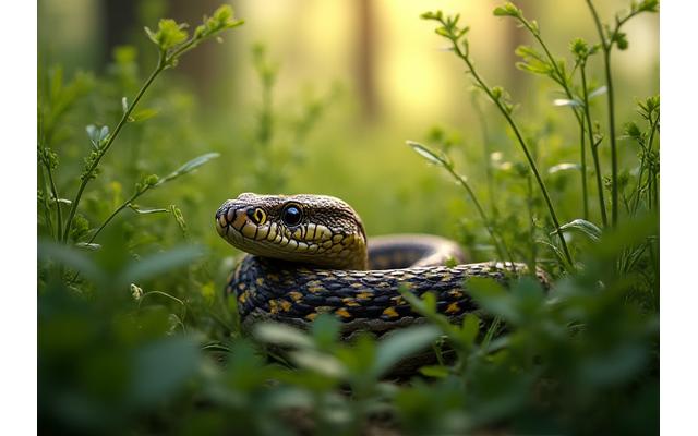 A shy Eastern Massasauga Rattlesnake partially hidden in tall grass, illustrating the need for careful distance.