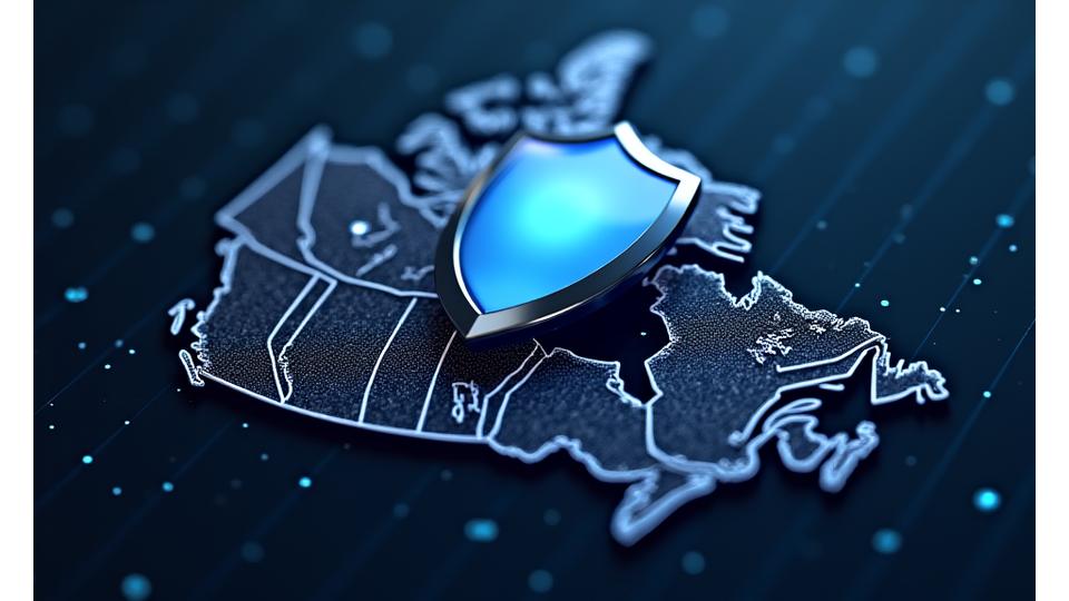 Image depicting a shield icon overlaid on a stylized Canadian map, with abstract digital patterns representing data security and intellectual property protection.