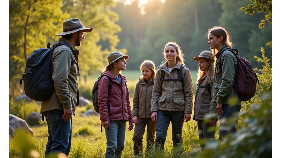 Image of a group of eco-tourists listening attentively to a guide in a scenic Canadian reptile habitat, emphasizing safety and respectful conduct.