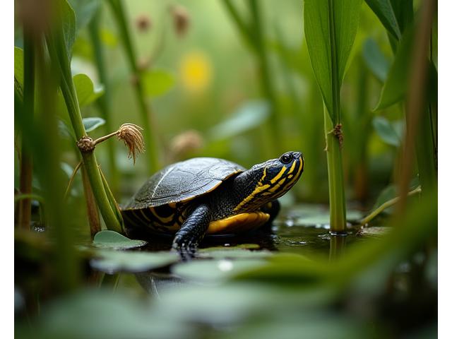 A Blanding's Turtle peeking out from dense marsh vegetation, blending into its natural habitat.