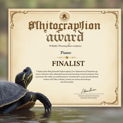 Award certificate for a wildlife photography competition, with a blurred image of a turtle in the background.