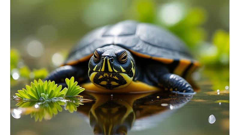 A painted turtle with its head partially submerged, actively feeding on submerged aquatic vegetation.