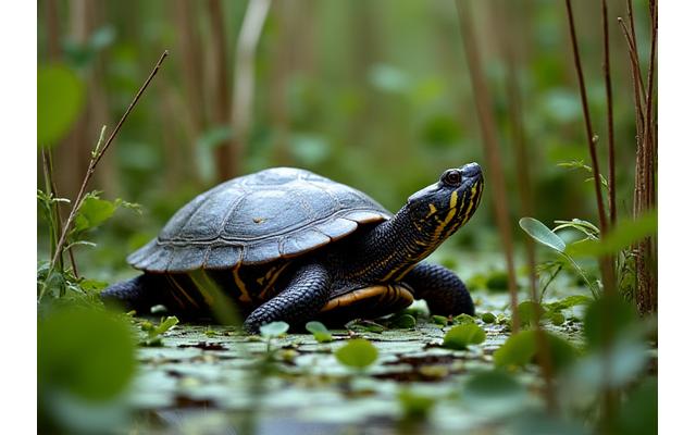 A Snapping Turtle slowly moving through a dense, lush wetland area, its shell camouflaged by vegetation.