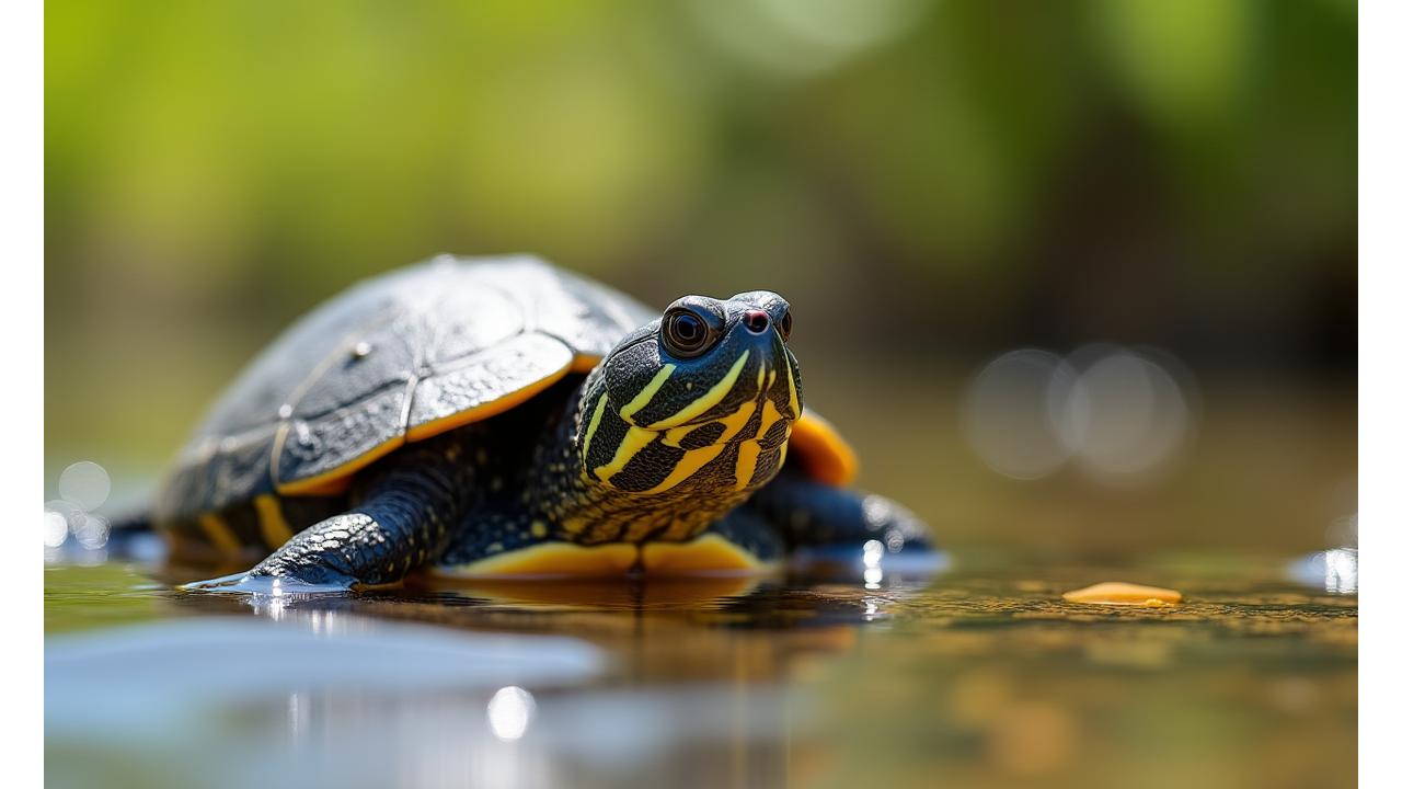 Close-up photograph of a Blanding's Turtle emerging from clear water, showing its distinctive yellow throat and speckled dome-shaped shell.