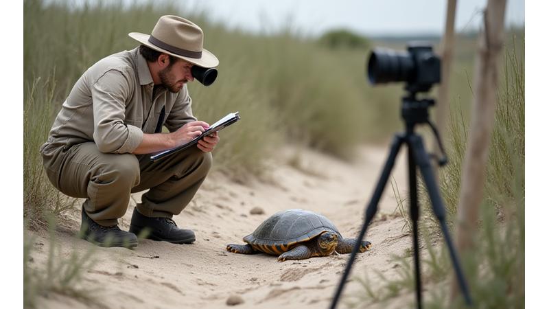 A researcher carefully examining a turtle nesting site, with protective fencing visible in the background.