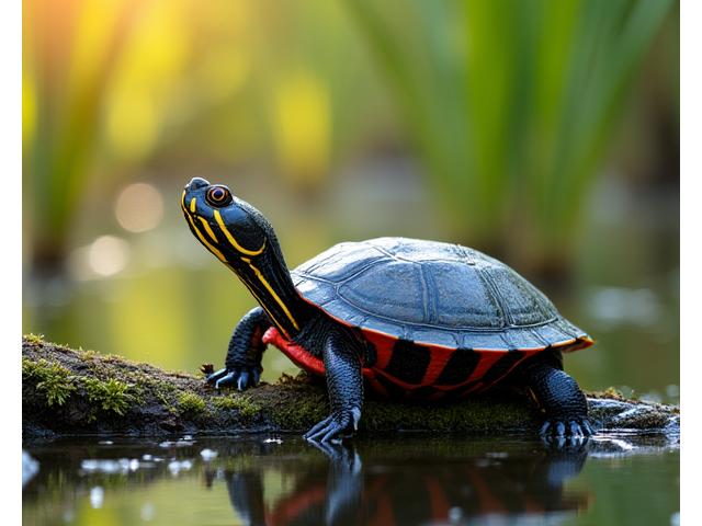 A brightly colored Painted Turtle basking on a log, its red and yellow markings vibrant against the green moss.