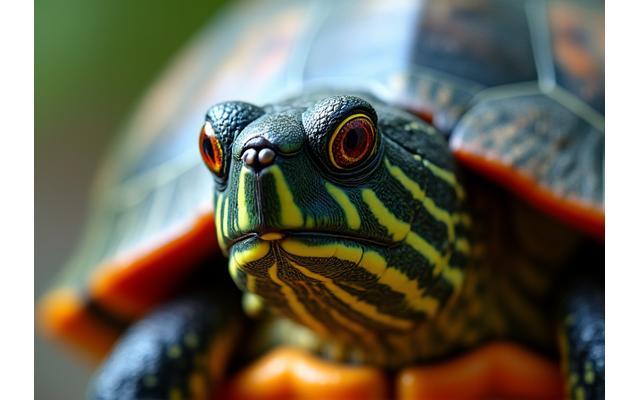 Extreme close-up macro shot of a turtle's shell, showing intricate patterns and textures with dew drops.
