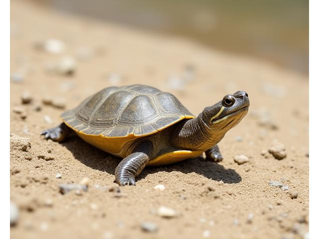 A Spiny Softshell Turtle half-buried in river sand, only its head and snout visible.