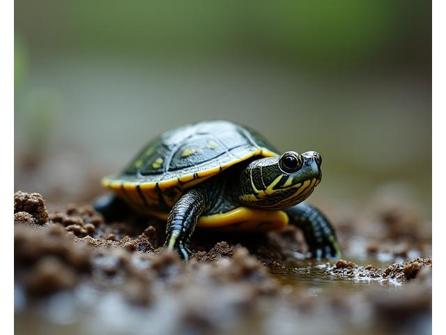 A dramatic shot of a newborn Northern Map Turtle emerging from sediment, capturing a moment of new life, winning a national photography award