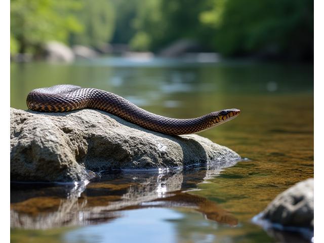 A Northern Watersnake coiled on a sunny rock, actively hunting small fish in a clear stream